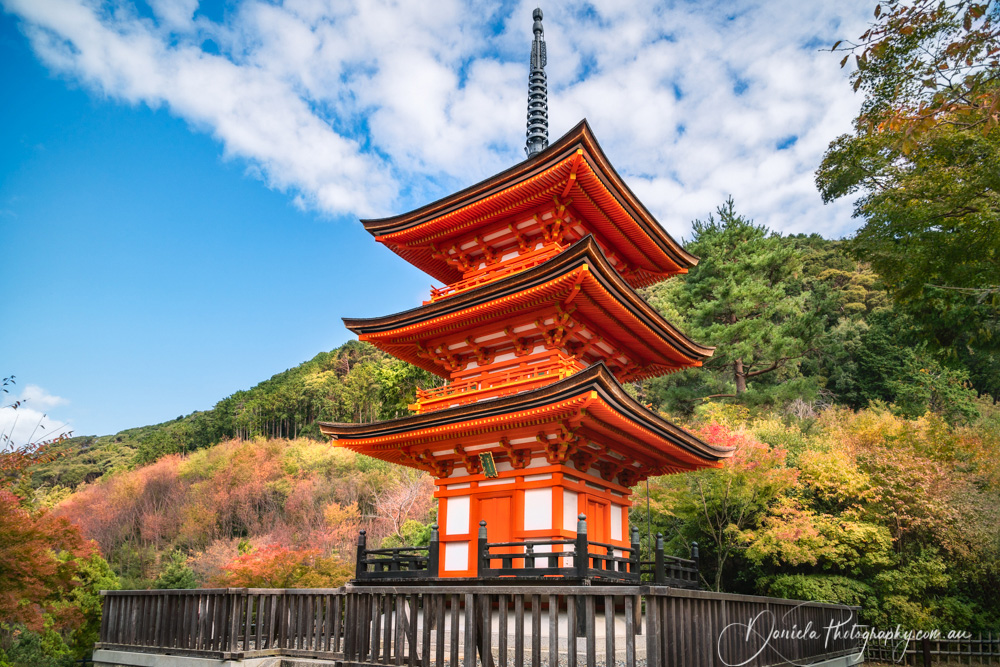 Koyasu Pagoda at Kiyomizu temple surrounded by autumn colors in Kyoto